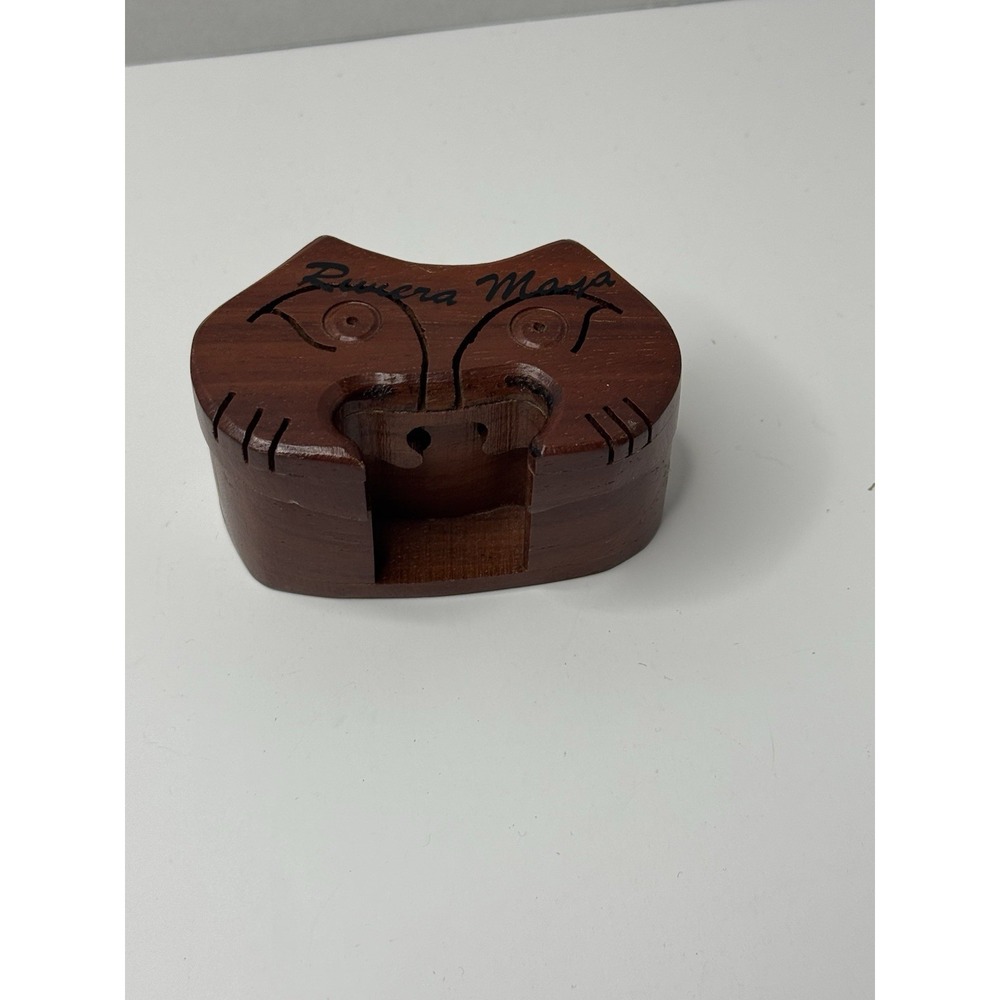 Exotic Woods Nature Arts Original Hand Carved Cat Face Puzzle Box Velvet Lined